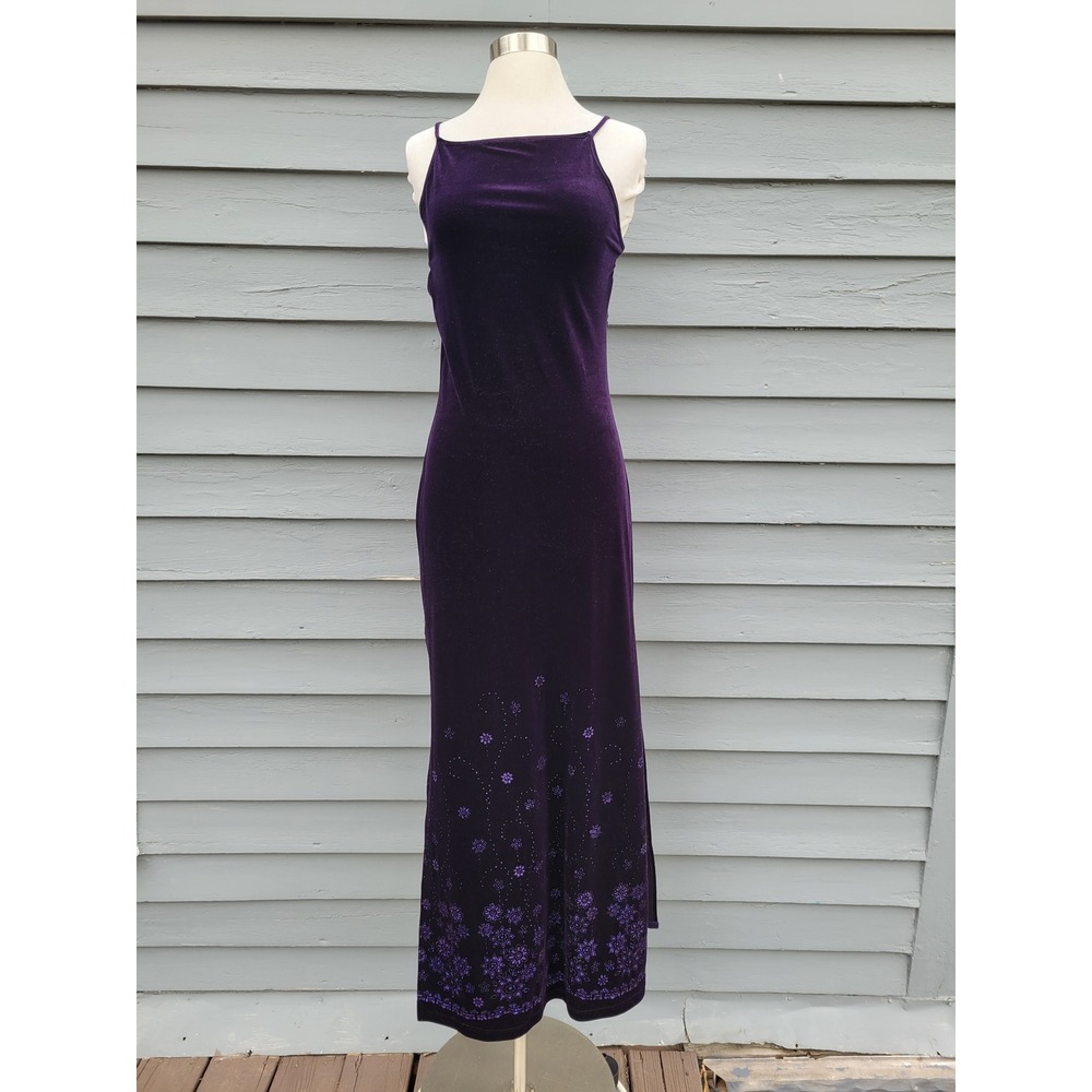 Status Collection Maxi Dress Purple Velvet Glitter Floral Slit Vintage Small - Picture 5 of 9